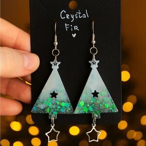 🔴SOLD ✨ Crystal Fir – Handmade Resin Christmas Tree Earrings, Winter Holiday 🌲